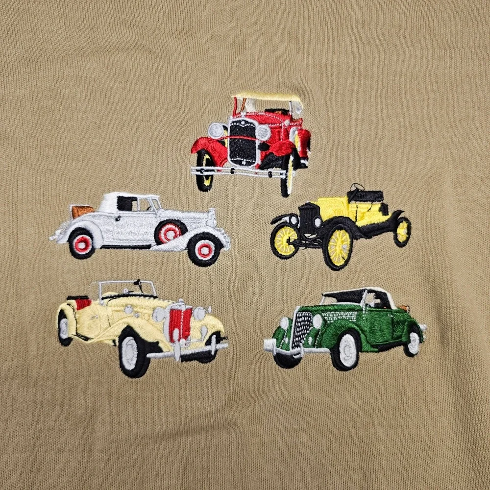 London Fog Mens V Neck Sweater Tan Embroidered‎ Vintage Cars Automobile Size M